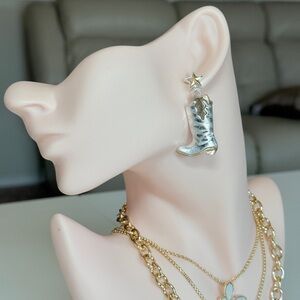 Silver Cowboy Boot Star Drop Earrings